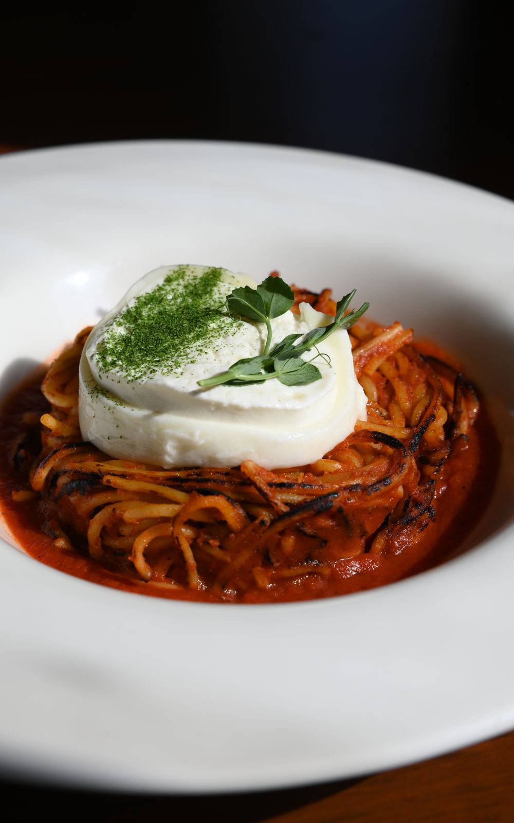 Spaghetti all'Assassina under a round of burrata, dusted with herb powder